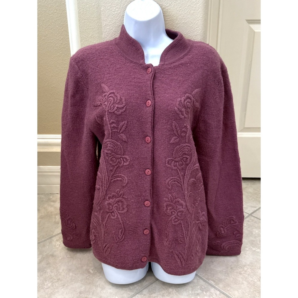 VTG Dress Barn Wool Floral Cardigan Button Up Sweater Women's Purple Size L **
